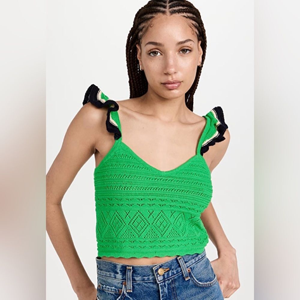 Scotch & Soda Pointelle Crop ruffle strap Green & Blue Crochet Bright Parakeet S